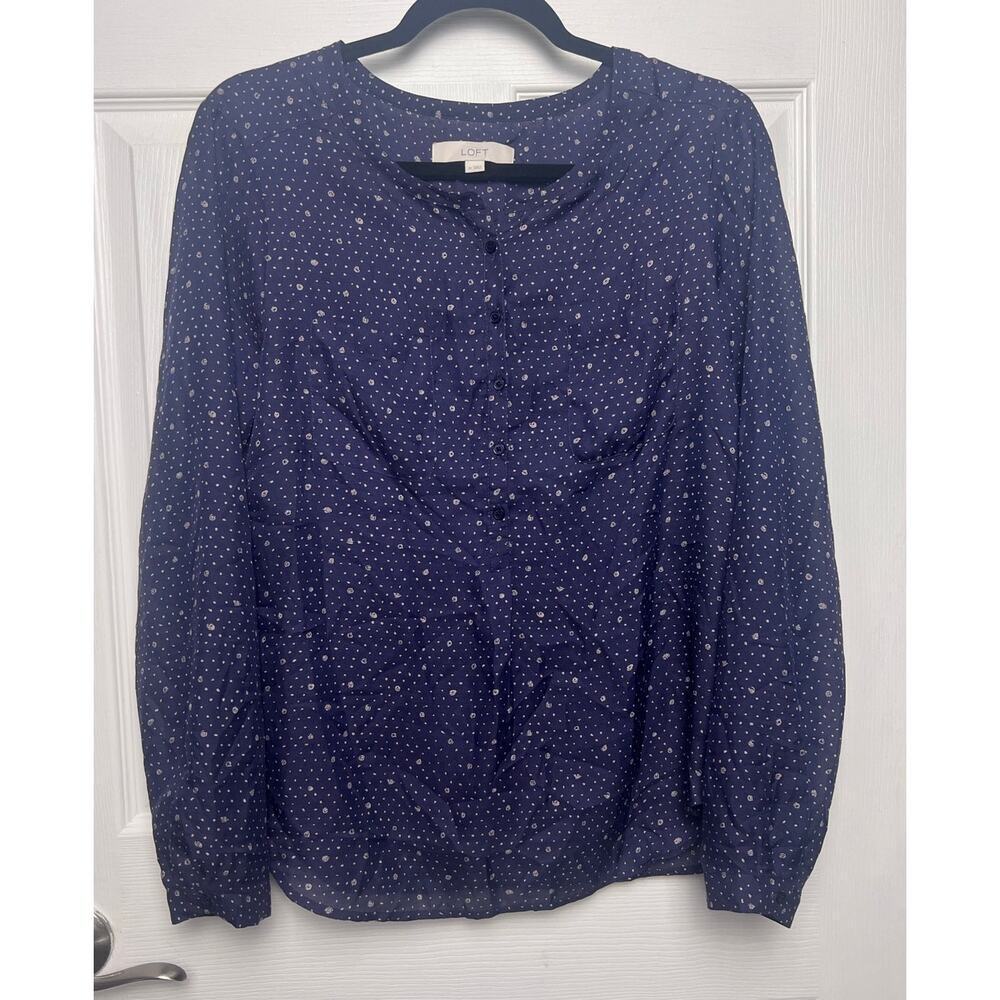 Loft Women's Blouse Sheer Long Sleeve Half Button Navy Blue Dots Size Medium